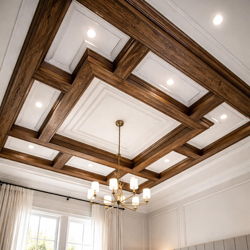 Luxury coffered ceiling with dark wood beams and recessed lighting in modern master bedroom