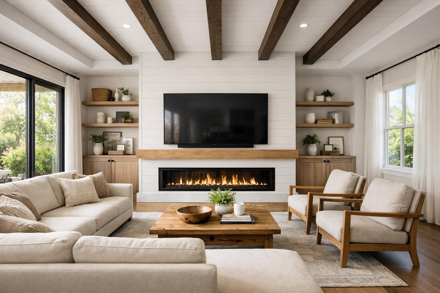 Modern farmhouse living room with white shiplap TV media wall, linear fireplace, oak mantel and dark ceiling beams in Winter Garden Florida